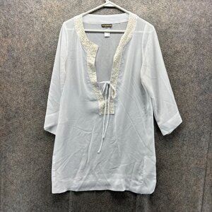 Tommy Bahama Tunic Cover Up Women Small White Sheer Beaded Trim 3/4 Sleeve